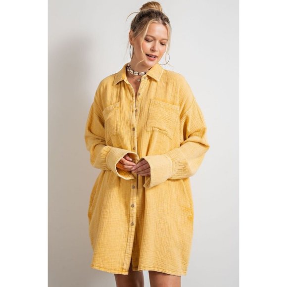 easel Dresses Easel Mustard Cotton Gauze Mineral Button Down Front